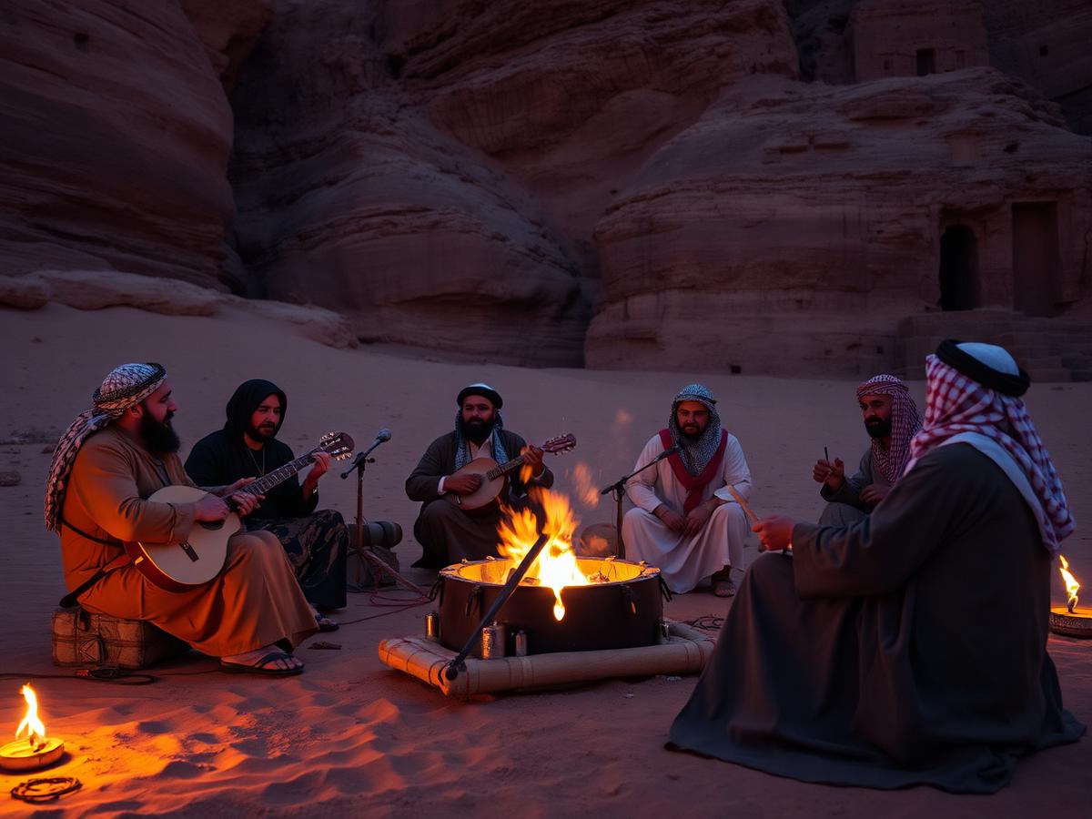 Bedouin music around the fire at a desert camp after the site closes.