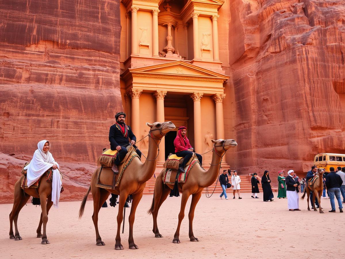 Camel rides waiting on the Treasury plaza through the middle of the day.