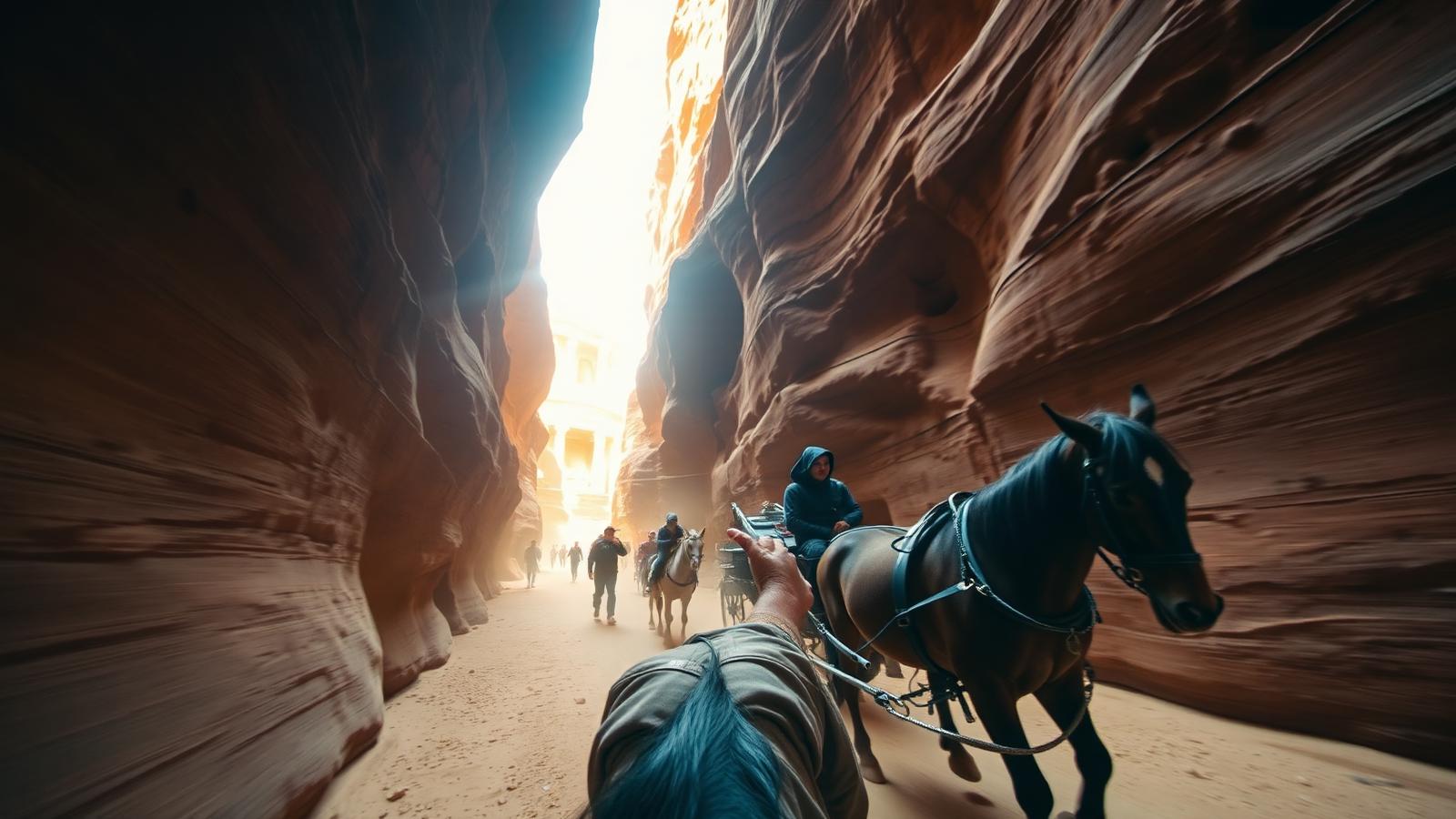 A horse-drawn carriage moving through the Siq at Petra