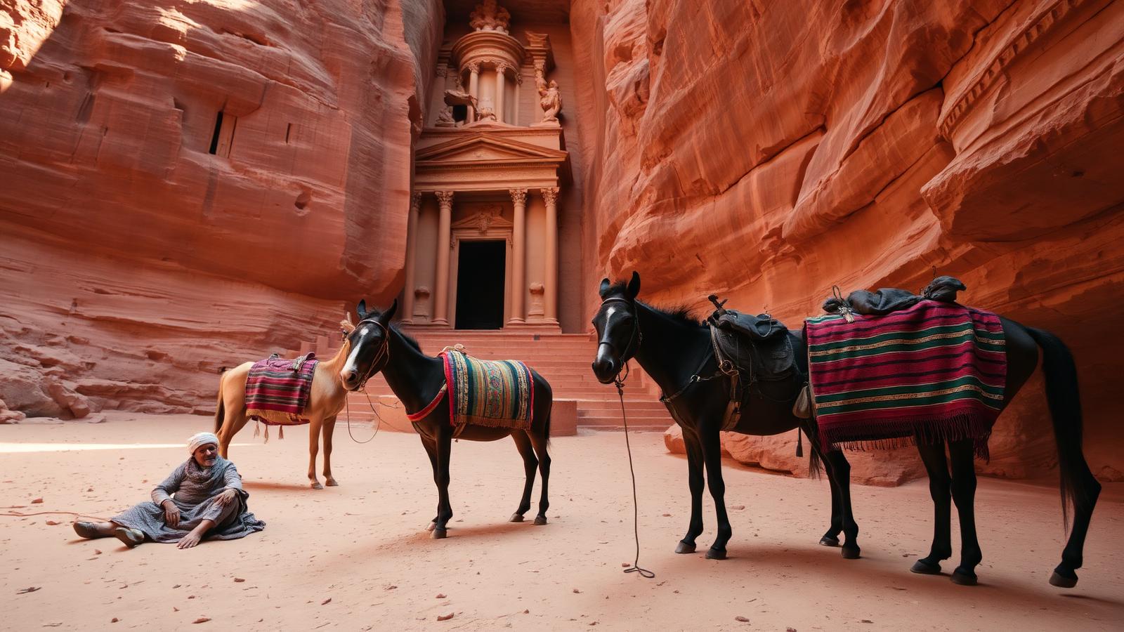 Donkeys with woven saddle blankets waiting at the foot of a carved rock stairway