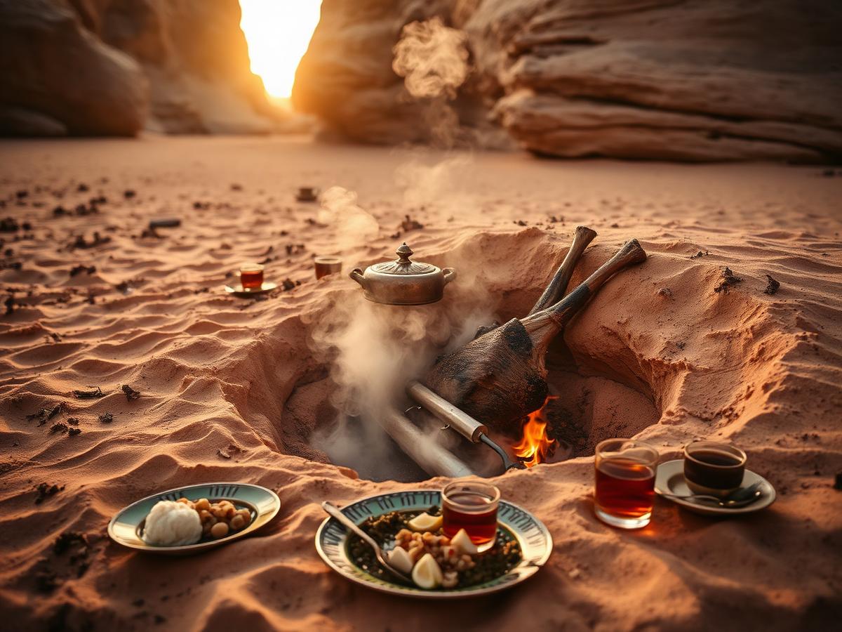 Zarb — lamb and vegetables slow-cooked in a sand oven, served with tea.