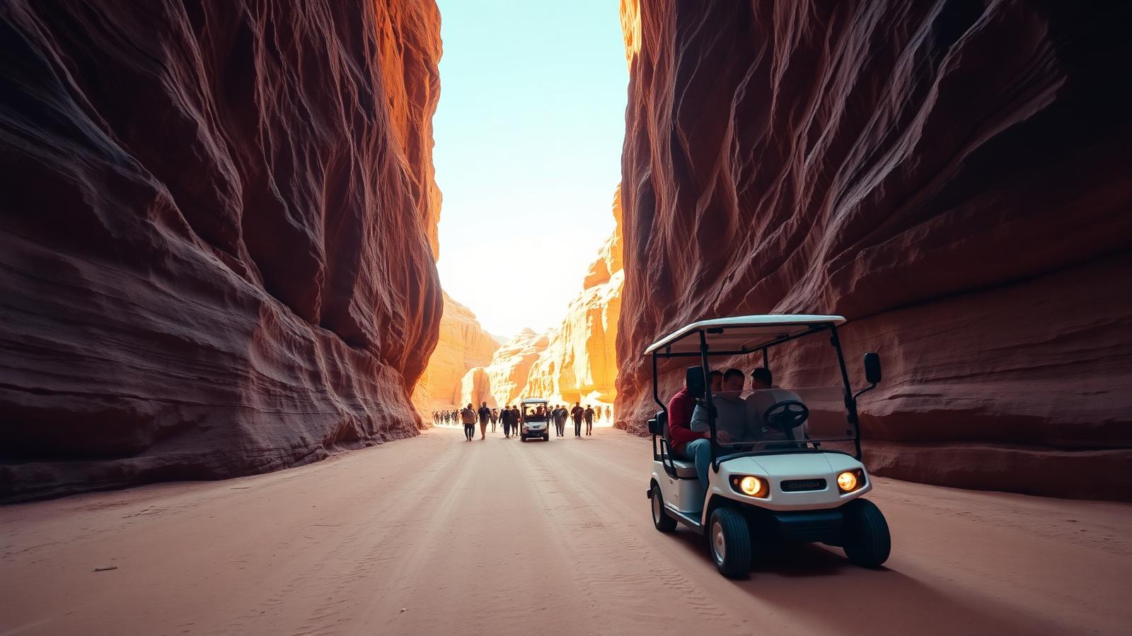 An electric golf-cart shuttle carrying visitors through the Siq
