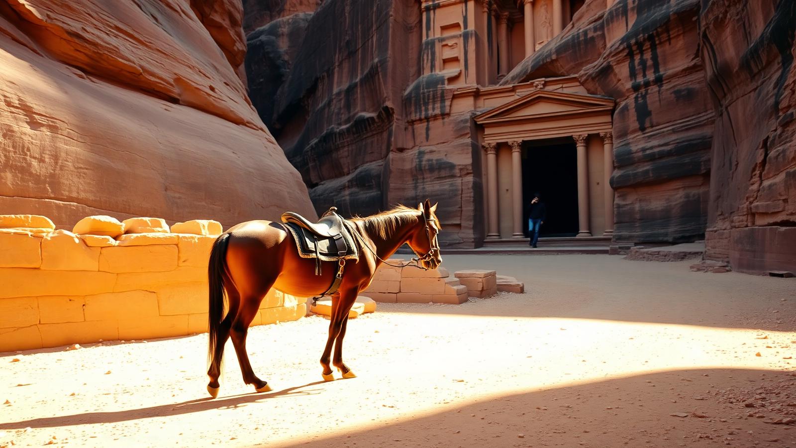 A saddled horse waiting on the track between Petra's gate and the Siq