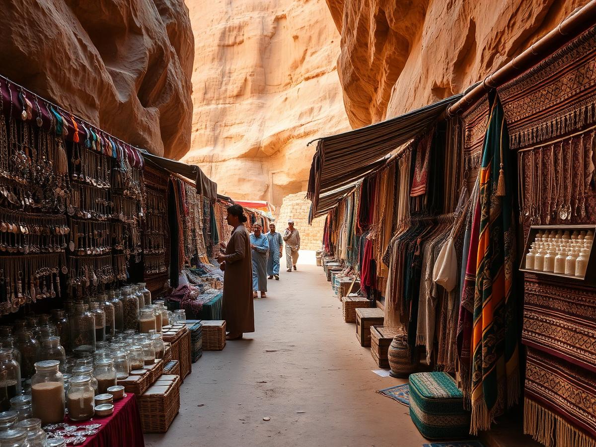 Bedouin stalls along the trail: silver, sand bottles and woven textiles.