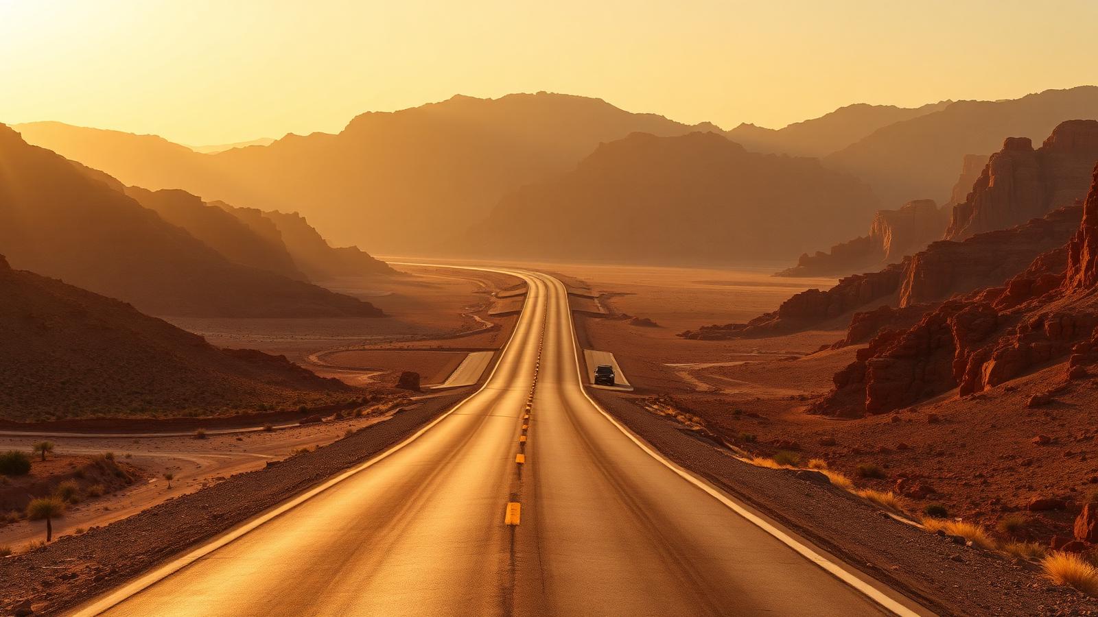 Desert highway winding through Jordanian mountains toward Petra