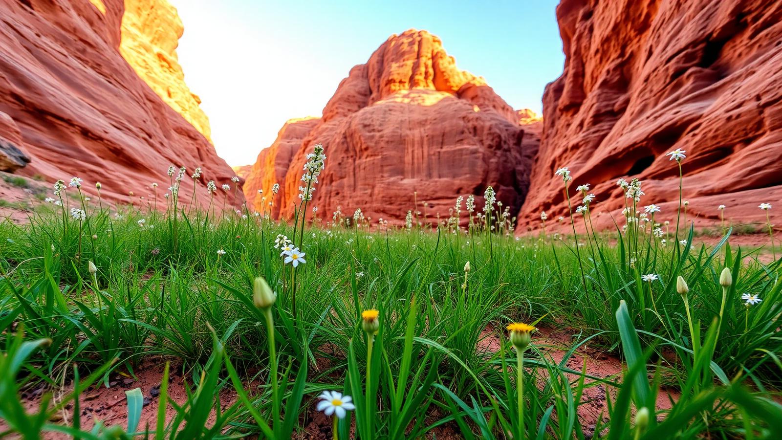 Spring wildflowers below the red sandstone cliffs near Petra