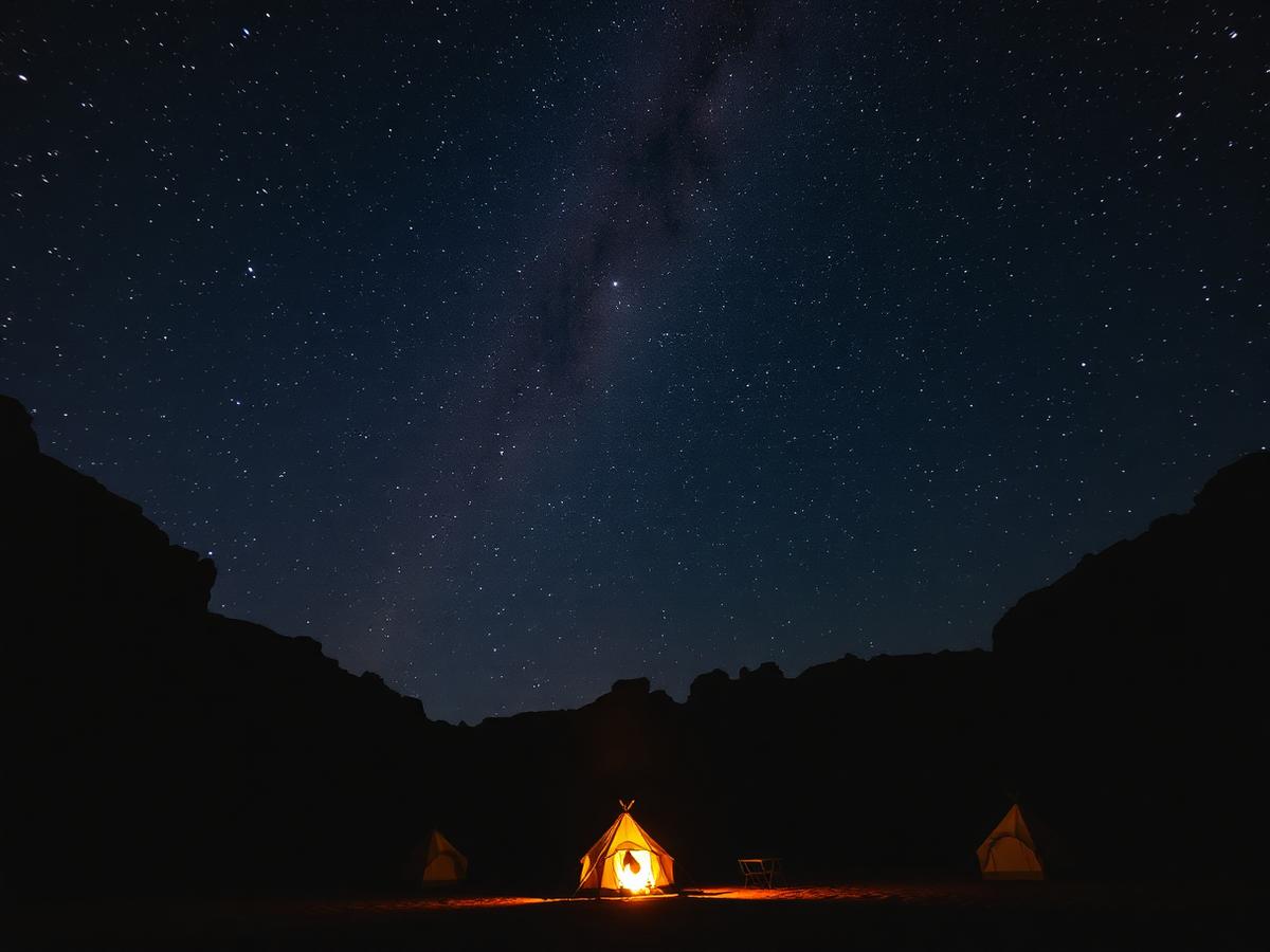 Stargazing from camp — almost no light pollution once the fires die down.