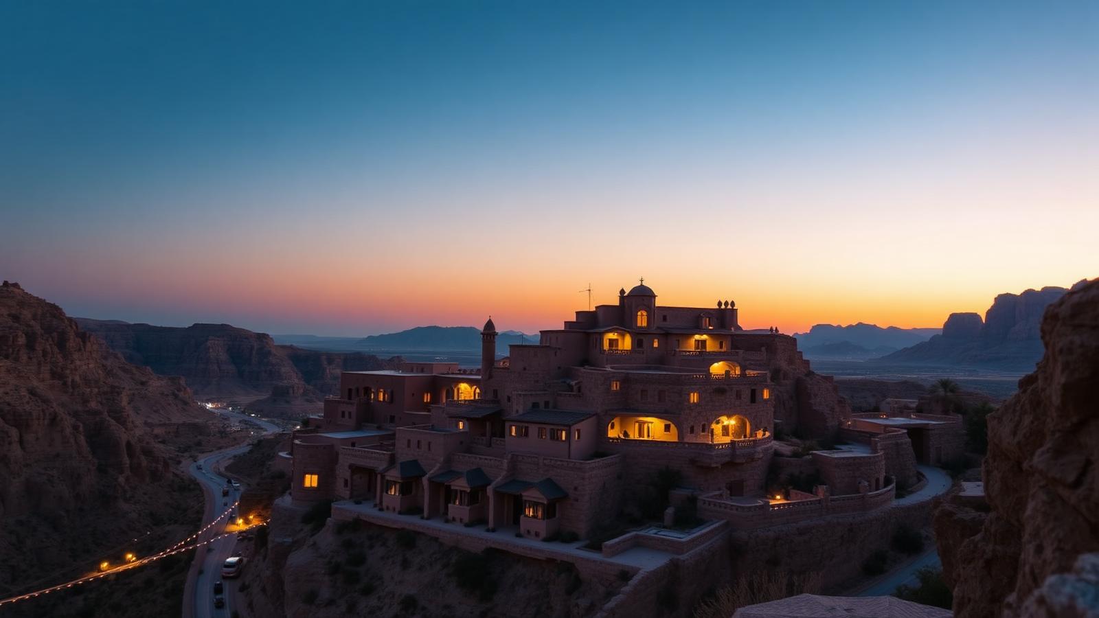 Wadi Musa hotels lit up on the hillside above Petra at dusk